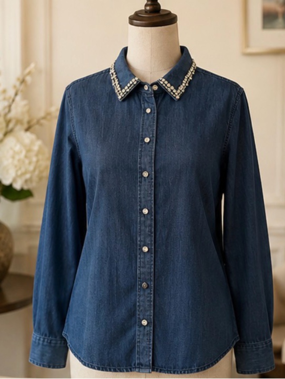 Talbots Dark Blue Denim Button-Down Shirt with Jeweled Collar and buttons
